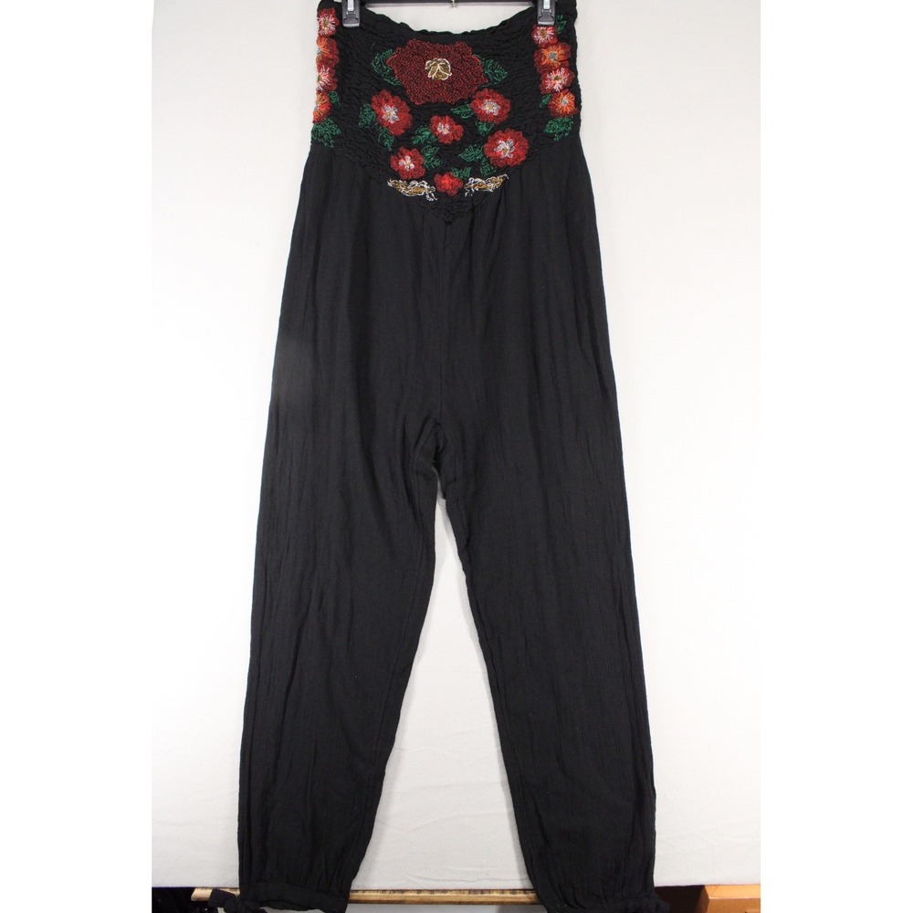 Free People Black Smocked Floral Embroidered Strapless Jumpsuit Harem M Boho